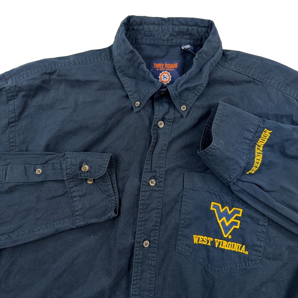 West Virginia Mountaineers Shirt Men XL Blue Twill Button Up Dress WVU Pocket